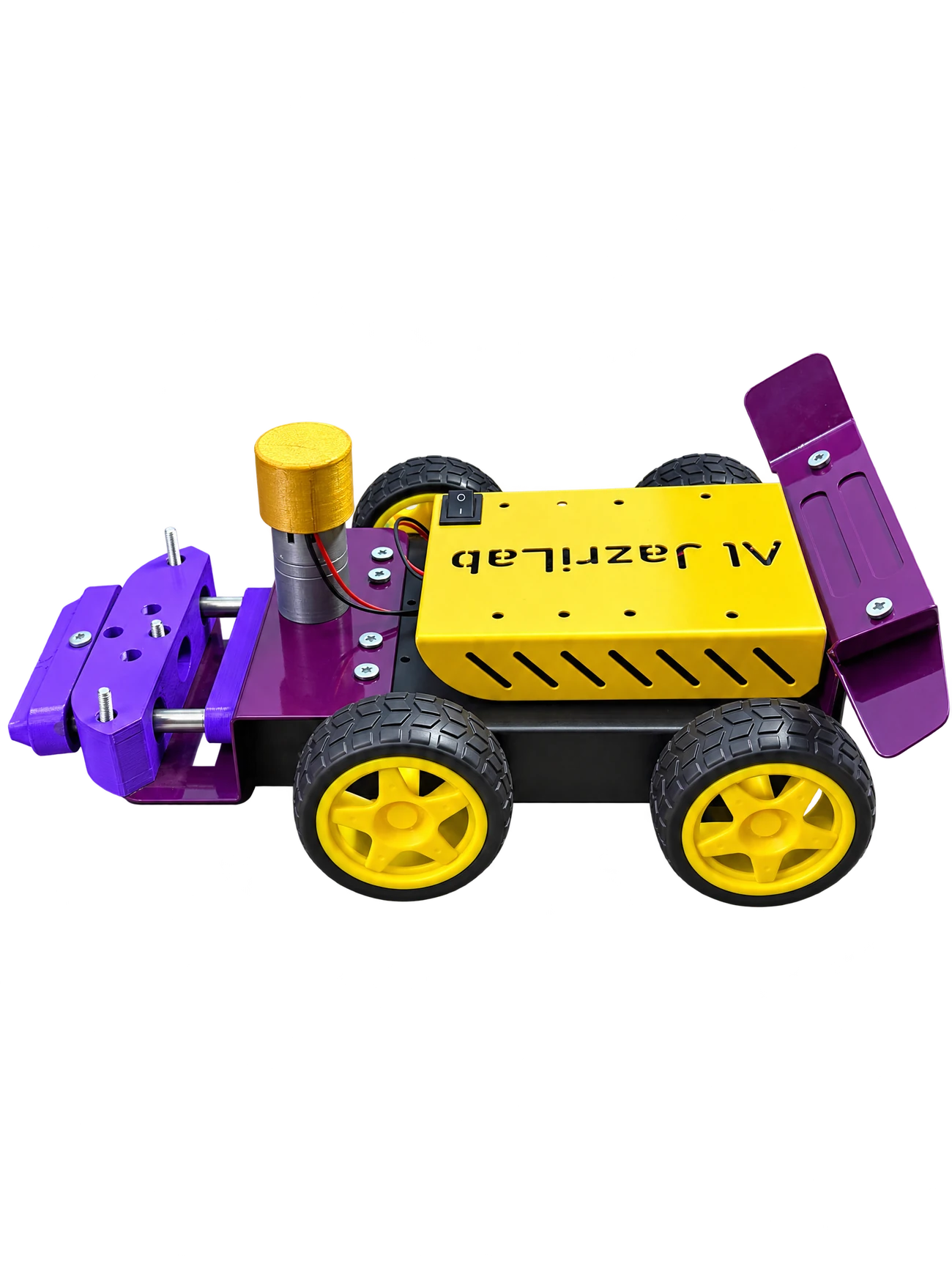 AlJazriLab wheeled robotics product with purple mechanical parts and a yellow shell