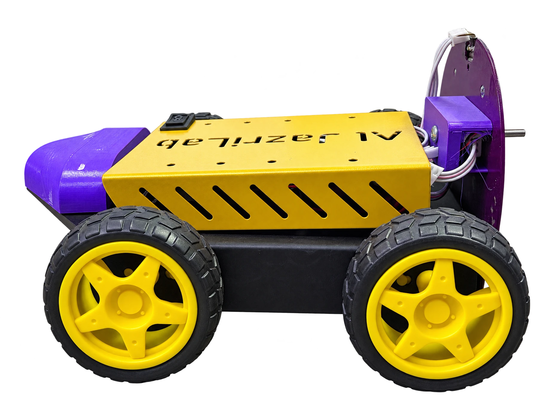 AlJazriLab wheeled robotics product with yellow shell and purple components