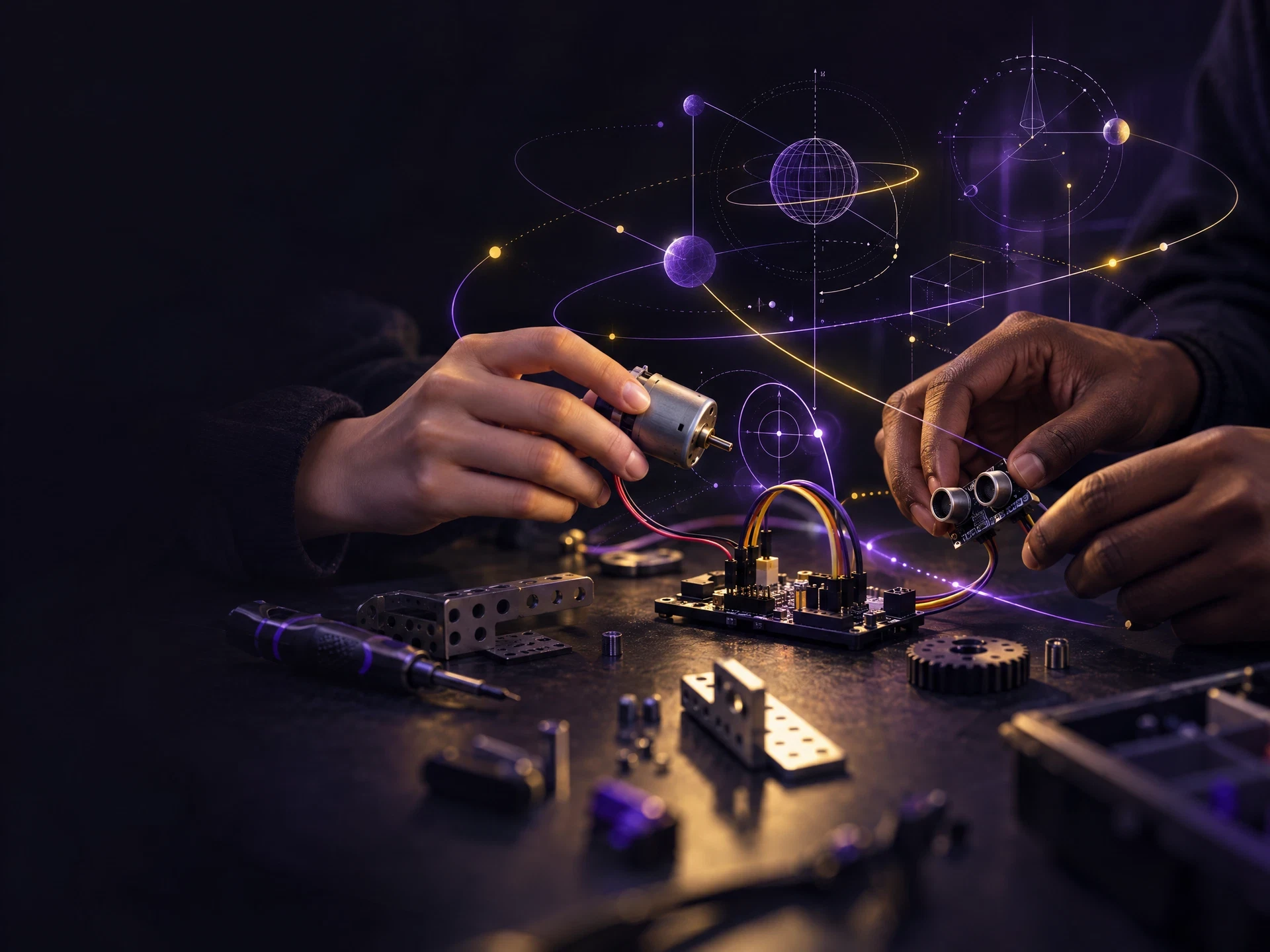 Creative robotics concept: hands assembling electronics as violet circuit paths suggest ideas in motion